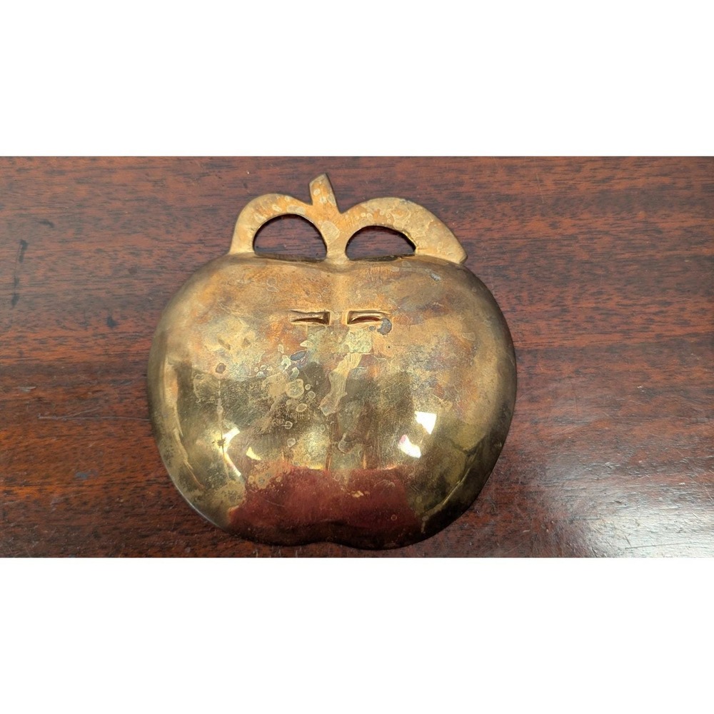 Vintage Enameled Brass Apple Shaped Trinket Dish Fruit Motif Gold Tone 6in - Picture 5 of 7